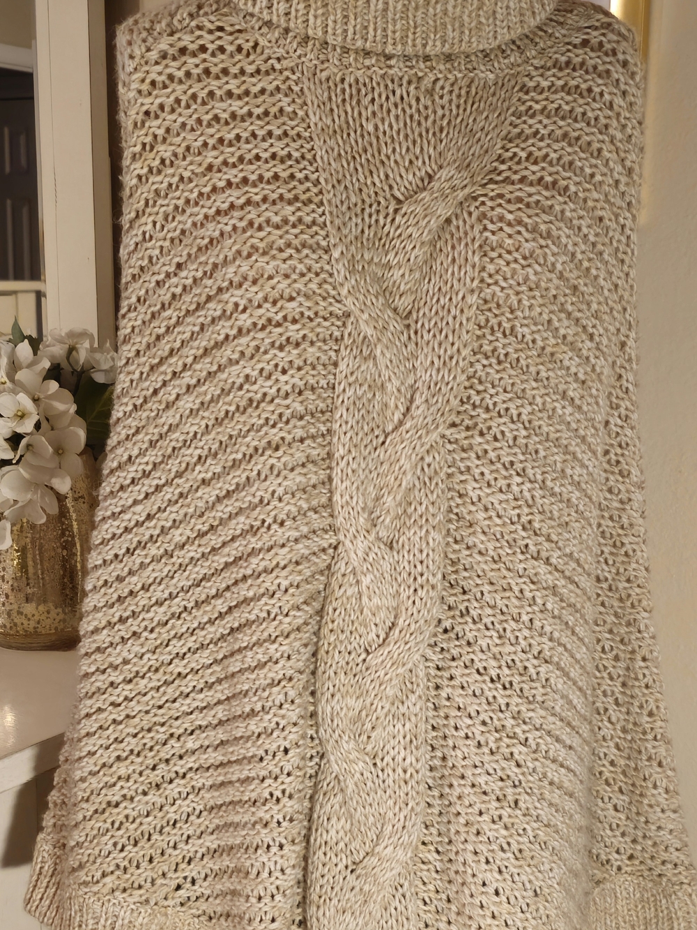 Turtleneck Cable-Knit Poncho Sweater - Beige - Picture 2 of 7